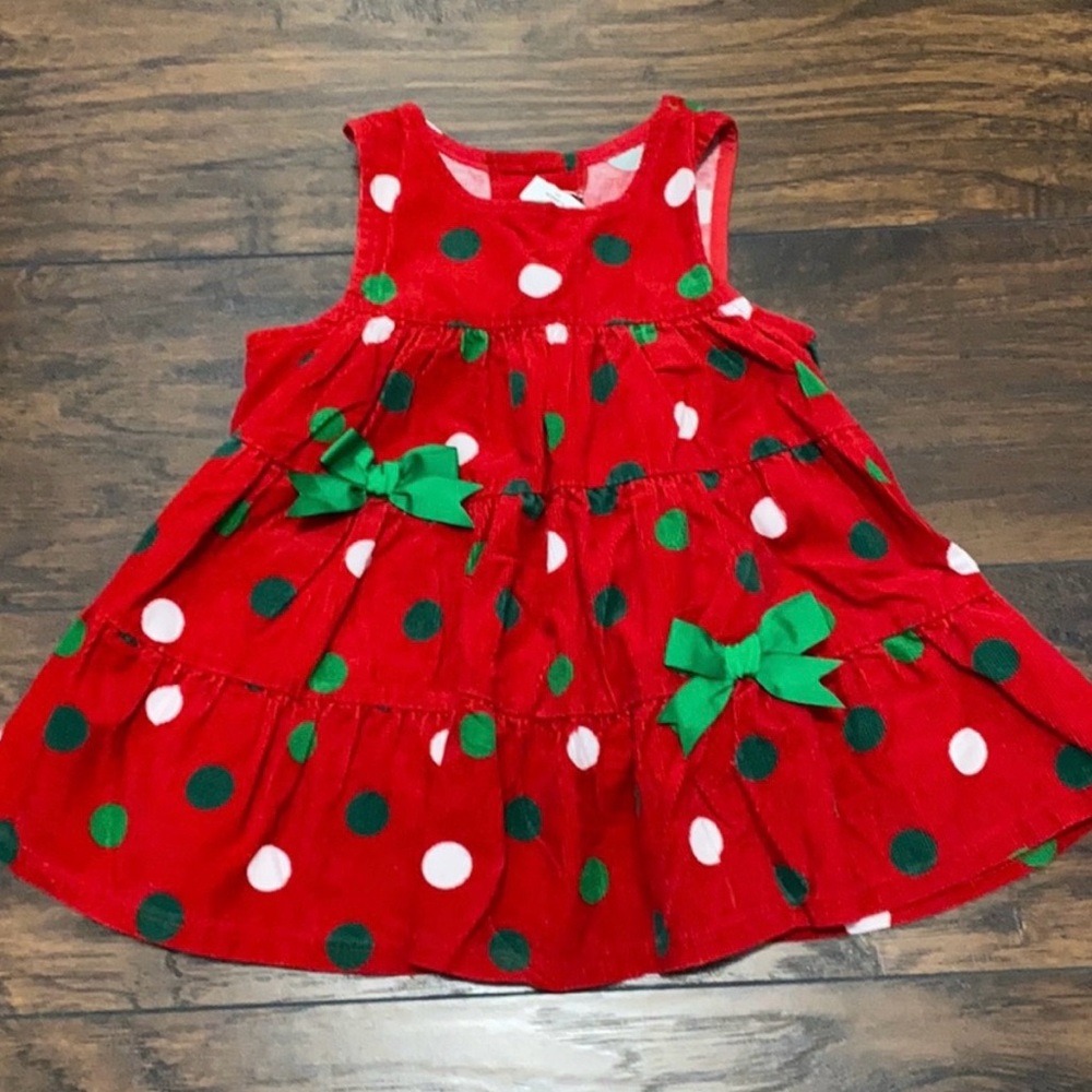 Red Polka Dot Corduroy Dress with Green Bows